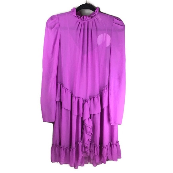 NWT See By Chloe Ruffled Georgette High Neck Dropped Waist Purple Mini Dress 4 - Picture 3 of 14